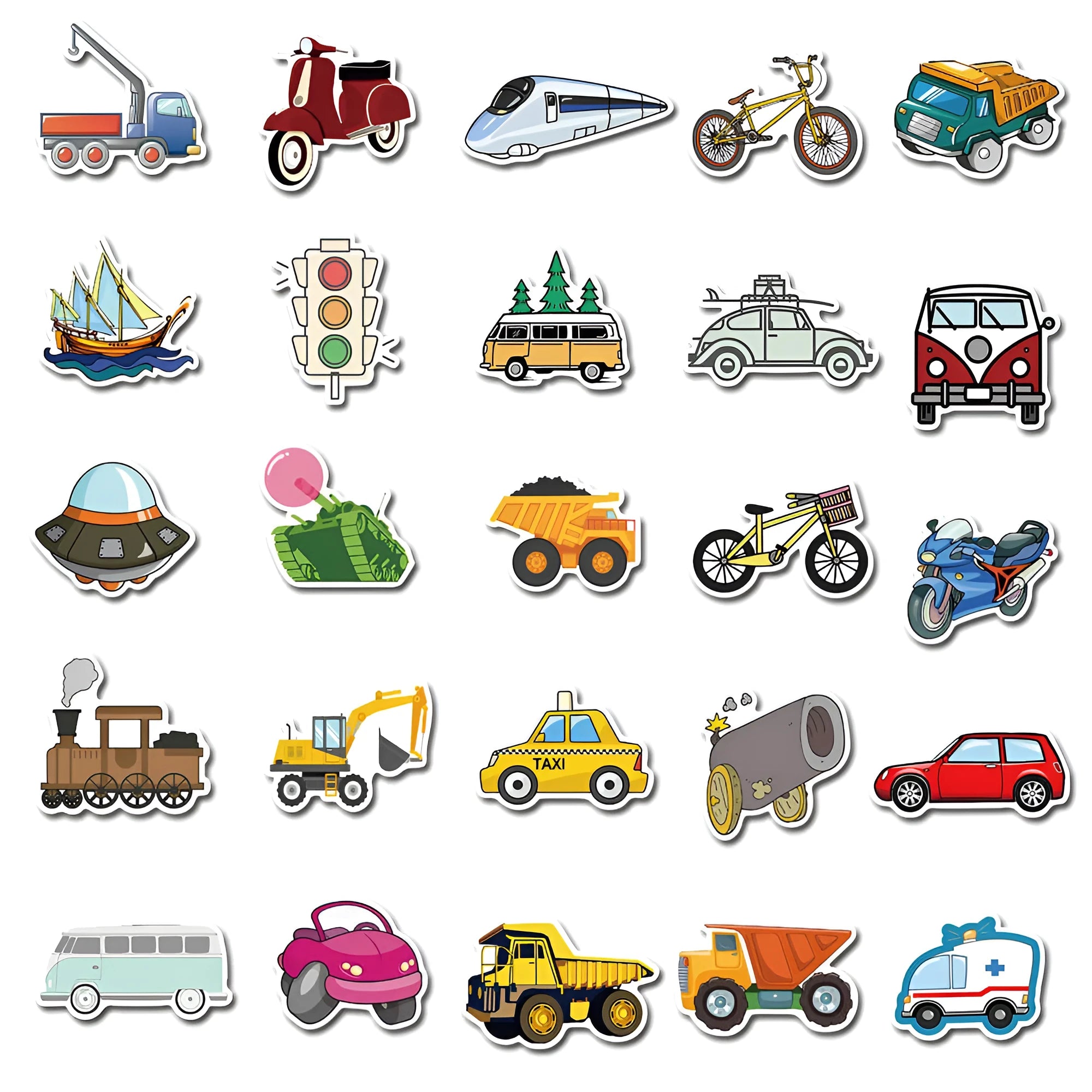 40 cartoon vehicle graffiti stickers including cars and excavators in a waterproof adhesive design