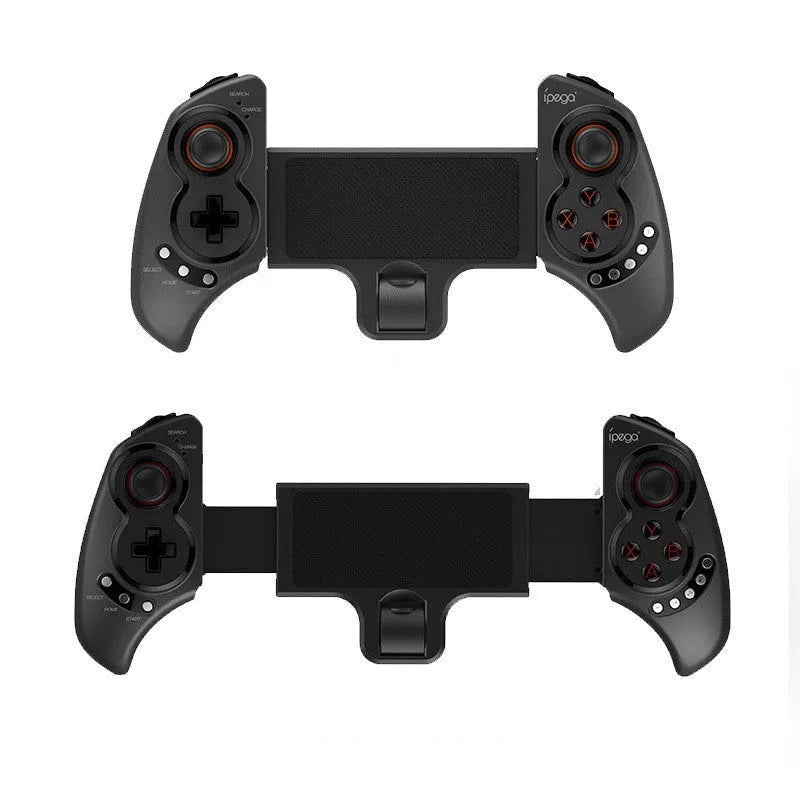 PG-9023 wireless telescopic game controller attached to a smartphone showing its size and button layout.