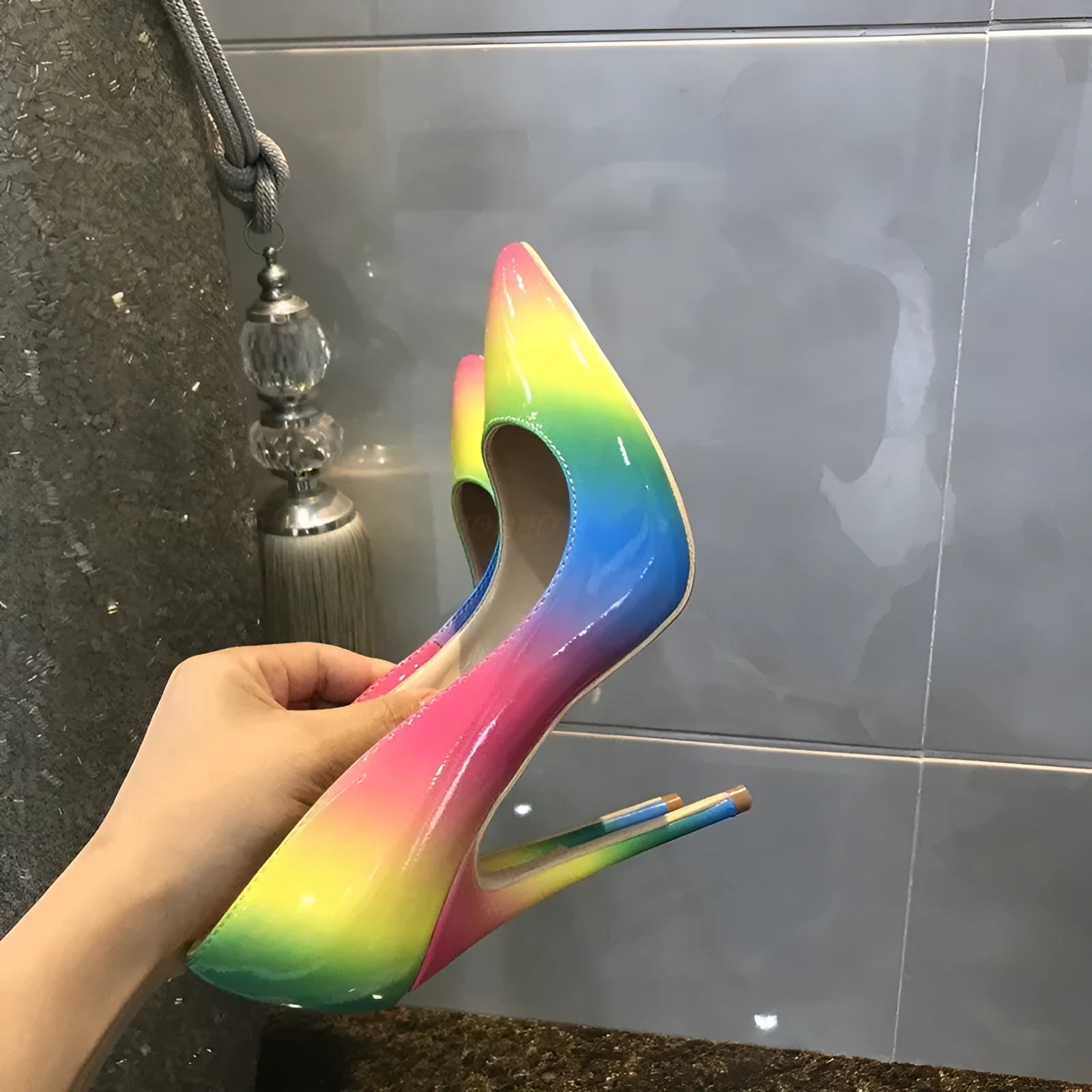 Rainbow patent leather pointed toe high heels with thin stiletto heel on size chart
