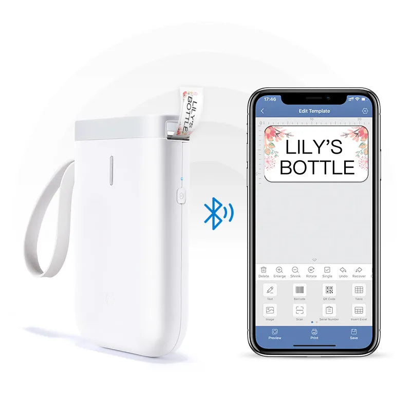 D11 Bluetooth label printer in black colour on a desk next to a smartphone showing the label design app.
