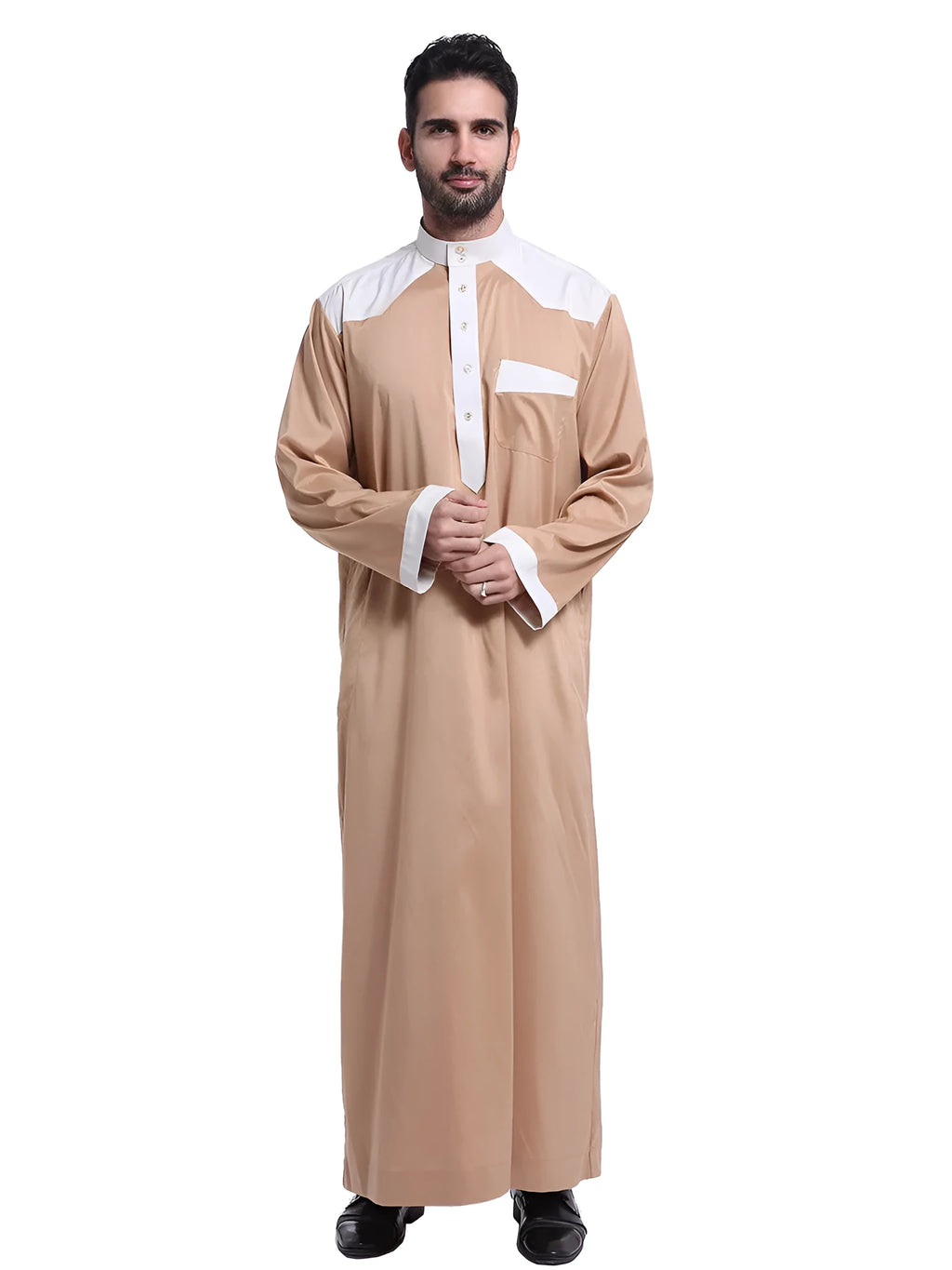 Men's Muslim robe thobe in white with colour-blocked embroidery detail, polyester blend fabric