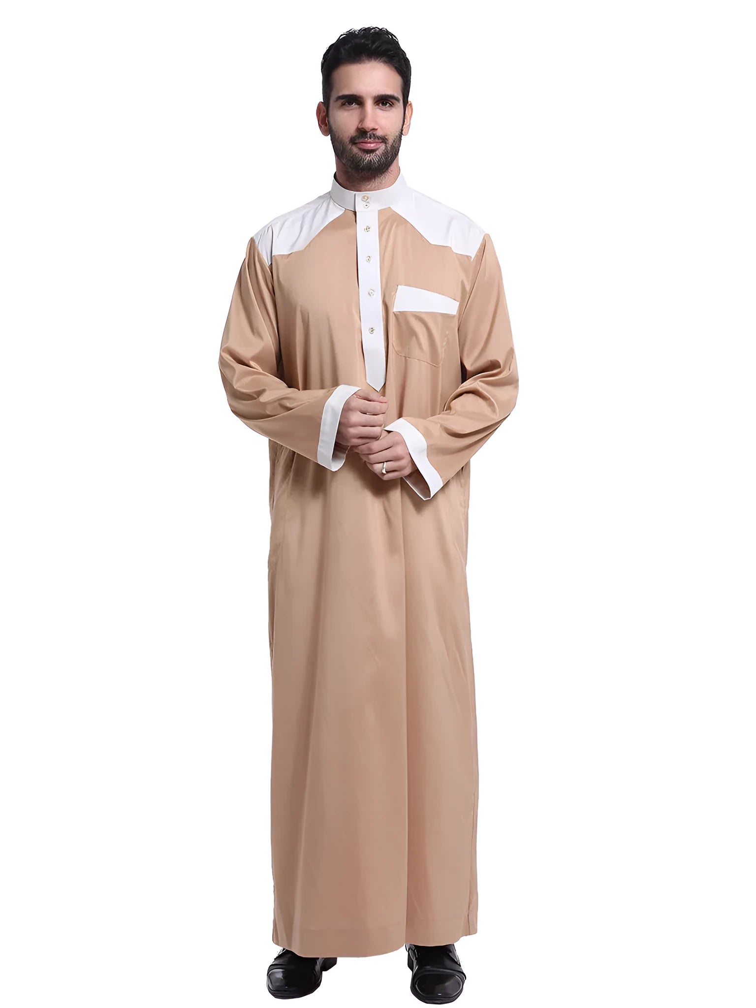 Men's Muslim robe thobe in white with colour-blocked embroidery detail, polyester blend fabric