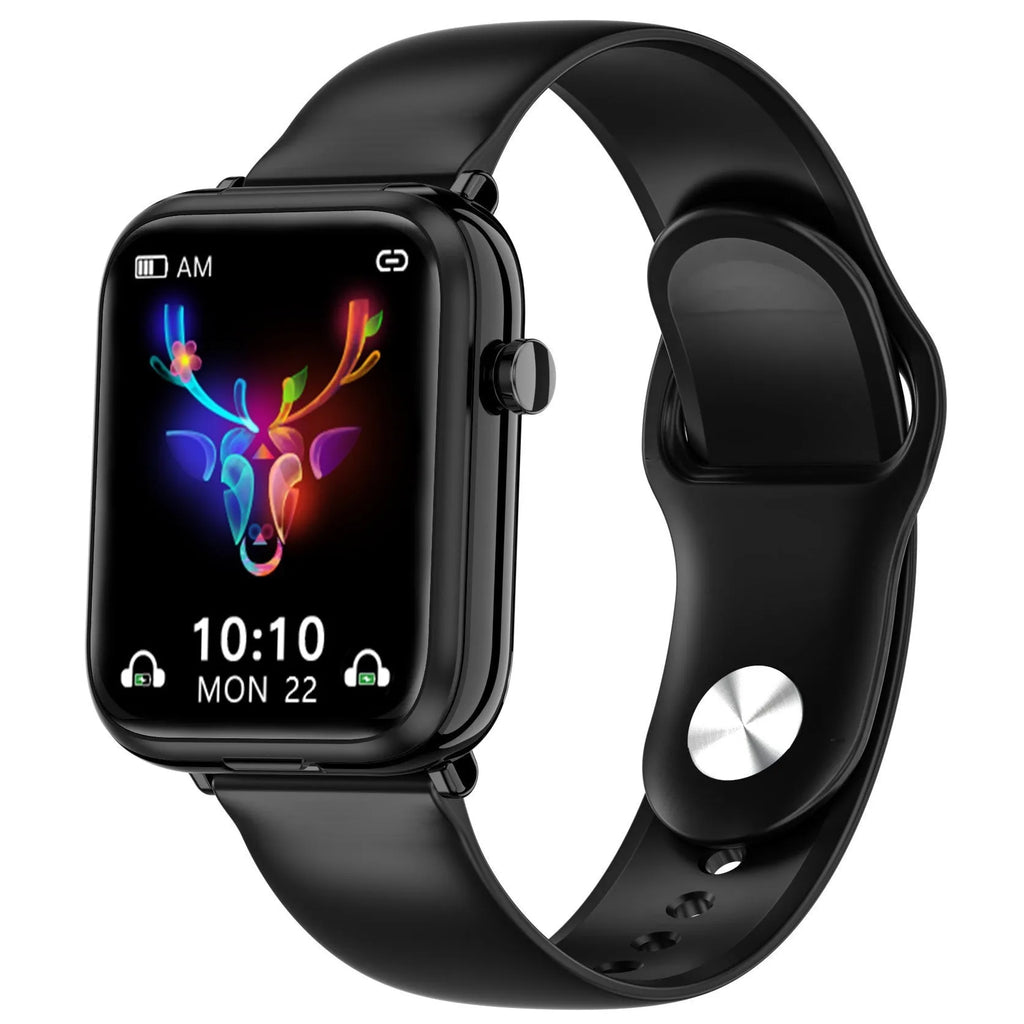 Black all-touch smart Bluetooth headset watch with 1.69-inch display and separate earbuds.