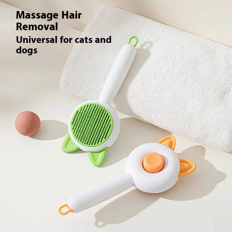 Self-cleaning cat dematting comb grooming tool in greenish white colour with stainless steel tines
