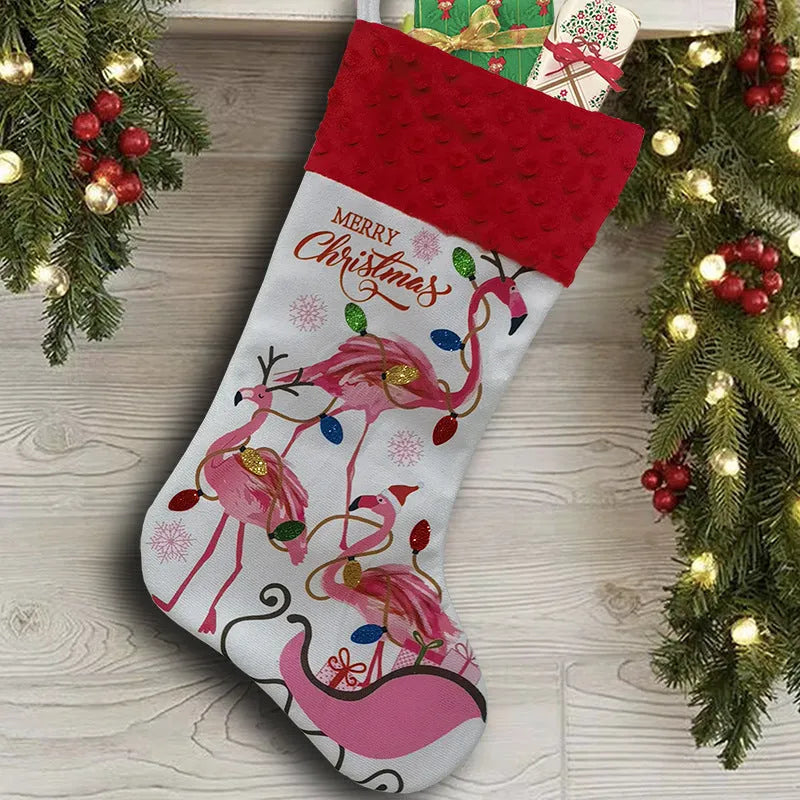 Flamingo Christmas stocking decoration in cloth material measuring 46 by 28 centimetres