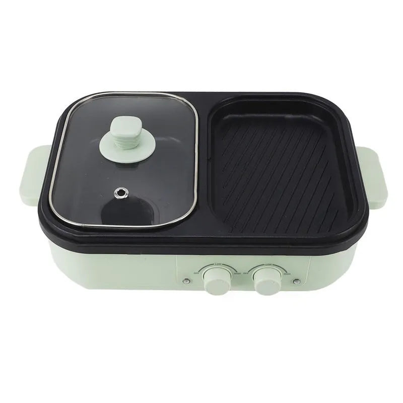 White or green dual-function electric hot pot appliance with mechanical controls for caldron and frying oven use.