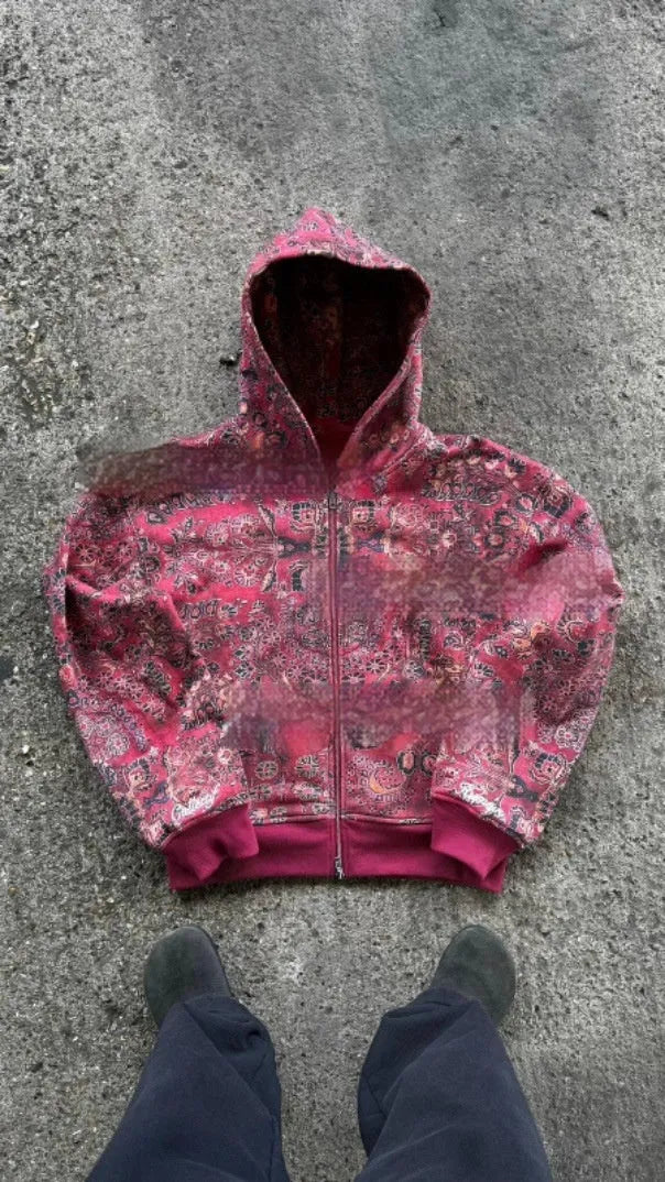Men's blue loose fit zip hooded coat with digital printing, long sleeves and integrated hood