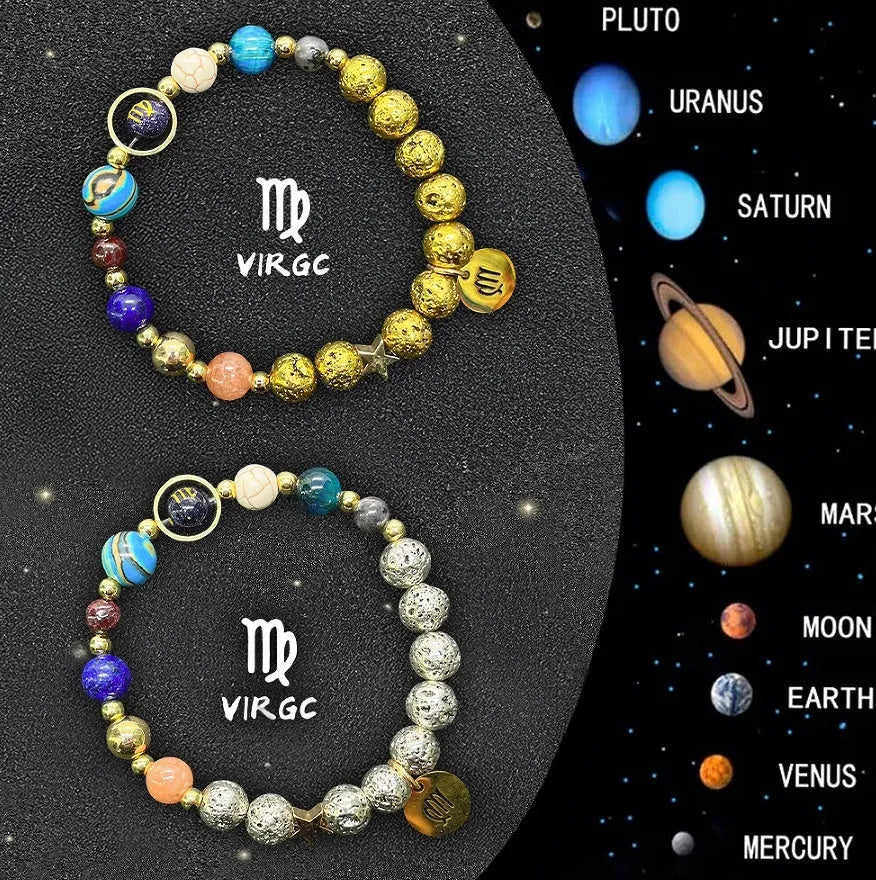 Two natural stone beaded zodiac bracelets with adjustable fitting on a wrist