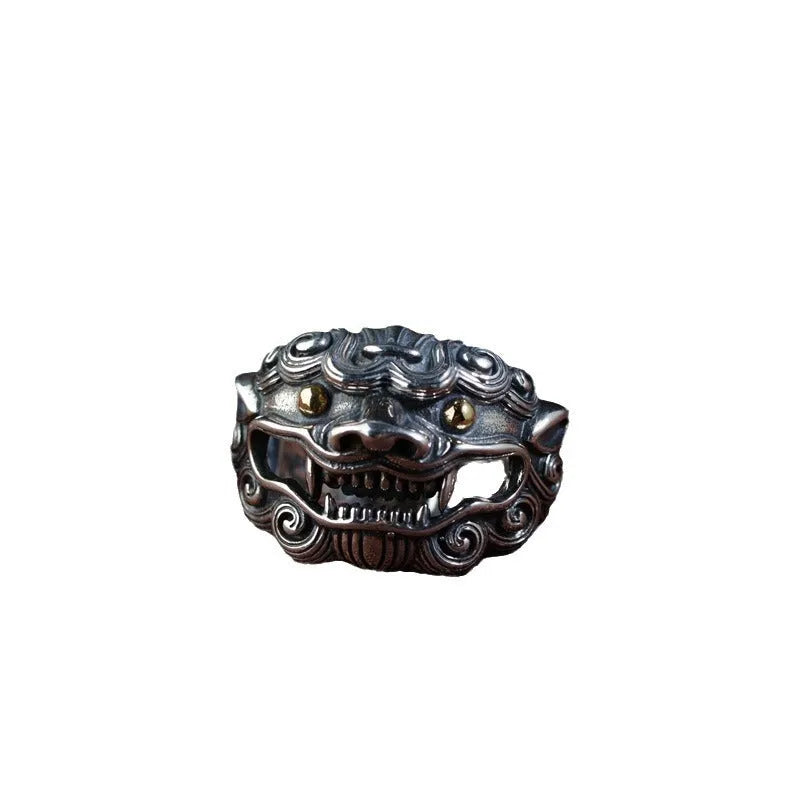 Silver open-style ring with a domineering engraved zodiac animal Jibeast pattern.