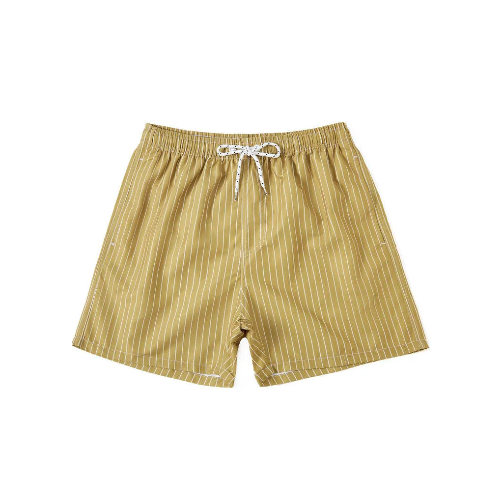 Men's striped polyester shorts with triangle lining in navy blue, straight leg opening for beachwear