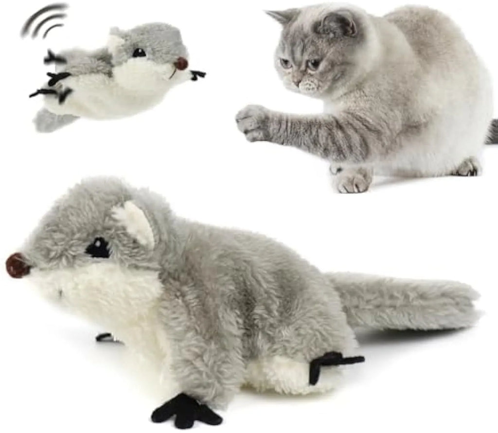 Gray flapping squirrel cat toy with waving wings showing touch-activated interactive features