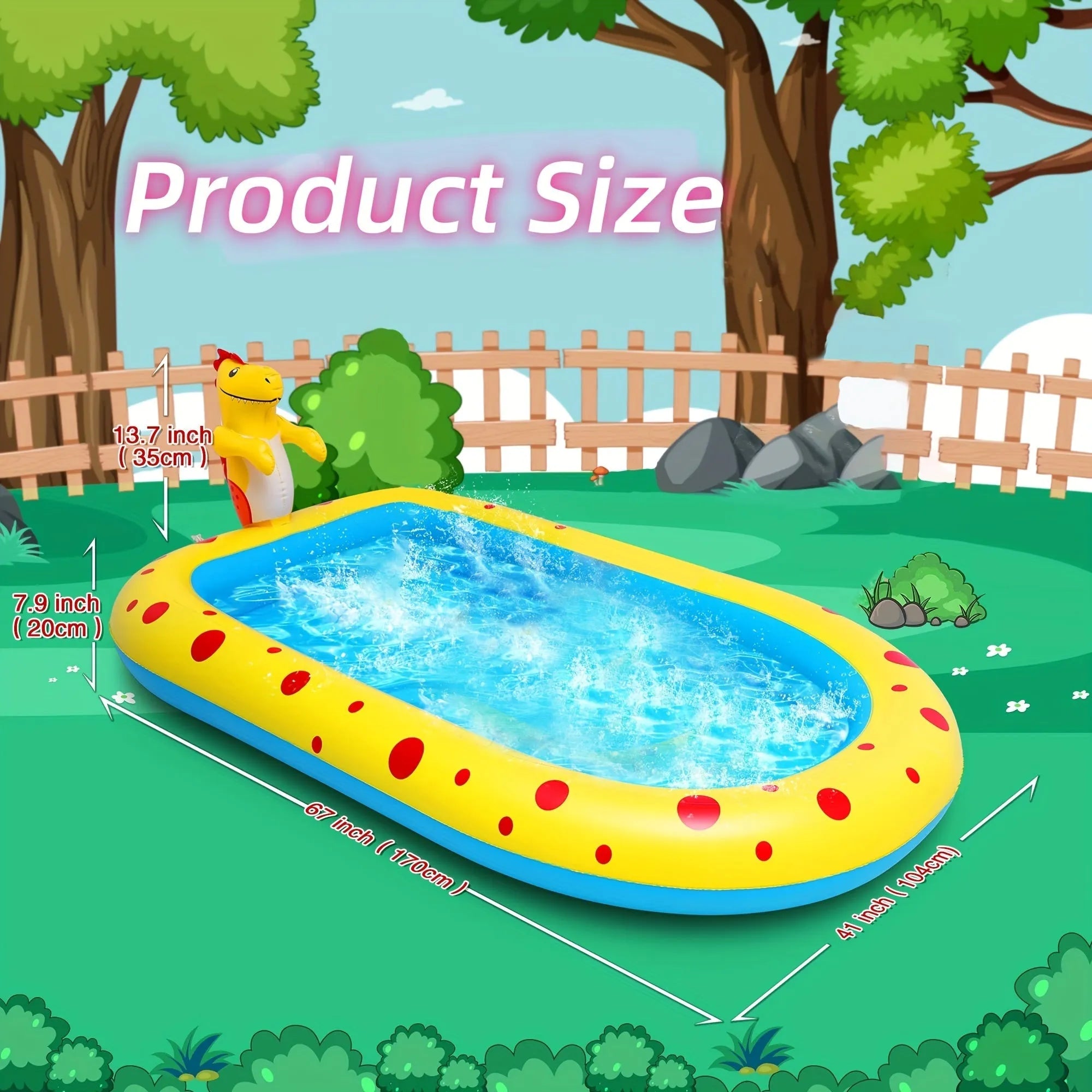 Blue dinosaur and shark inflatable water spray pool with spray feature in garden setting