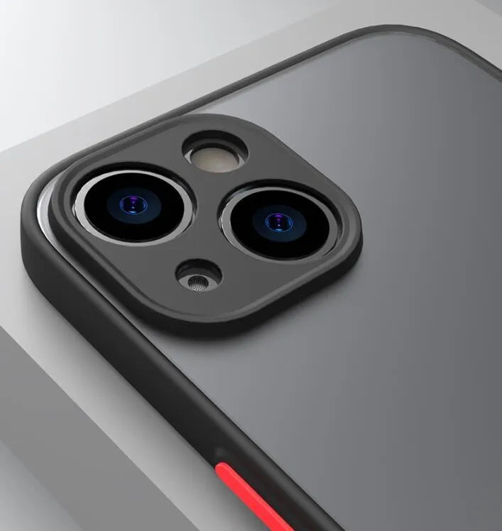 Fine hole skin-sensing frosted hard phone case for iPhone on a solid colour background.