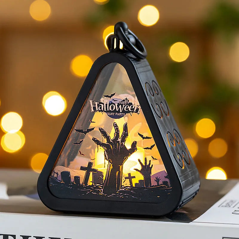 Halloween pumpkin lamp decorations in castle, ghost hand, pumpkin and witch designs