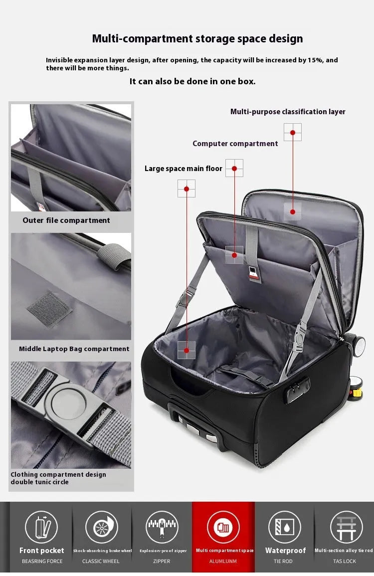 18-inch black Oxford cloth business suitcase with telescopic handle and universal wheels