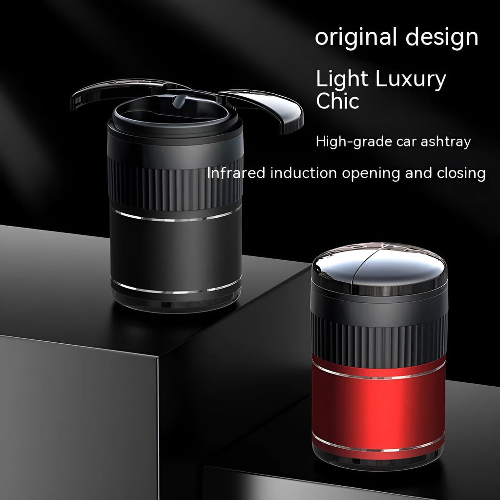 Smart infrared and touch control metal car ashtray in black, 113mm by 72mm, with lid closed