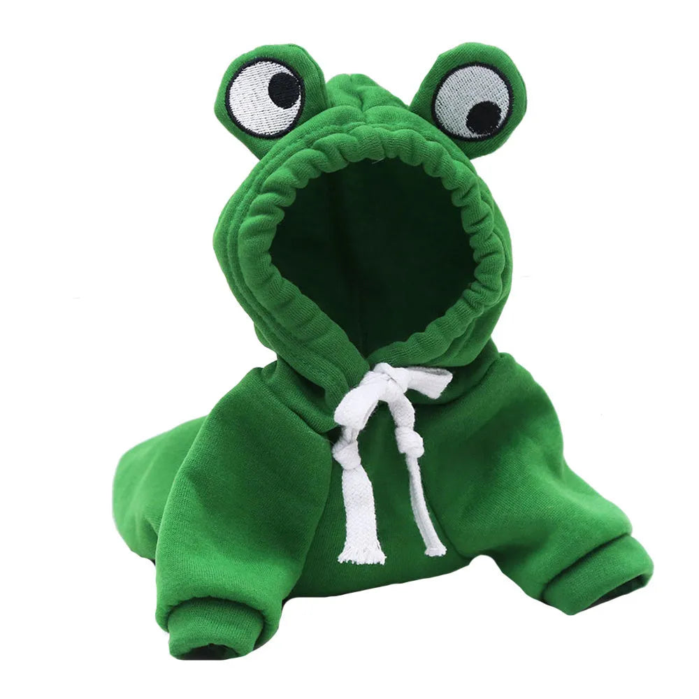 Green frog pattern hoodie costume on small dog with sweatshirt material and hood