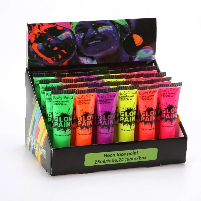 Hose 25ml neon face paint tubes in red, yellow, green, purple, orange, and pink colours