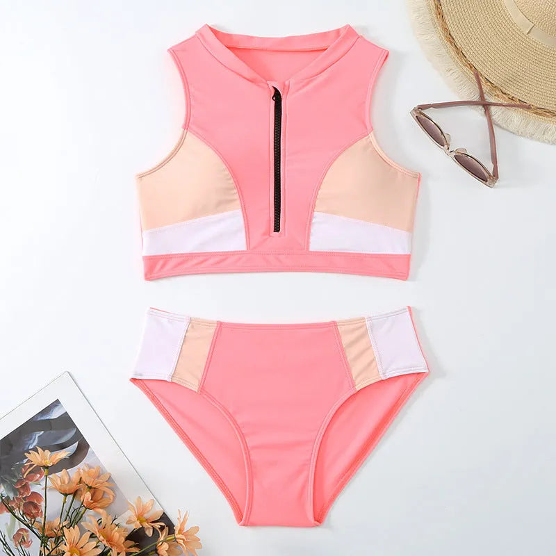 Pink high waist split bikini swimsuit set with brief style on a mannequin.