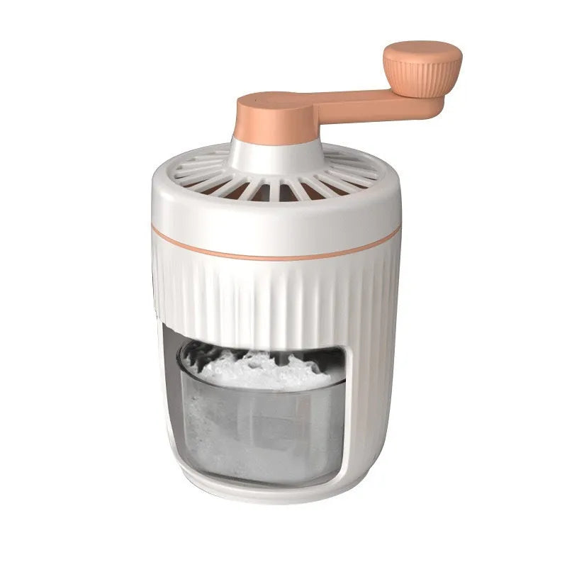 Hand-cranked ice shaving machine in green with removable ice box and ergonomic handle