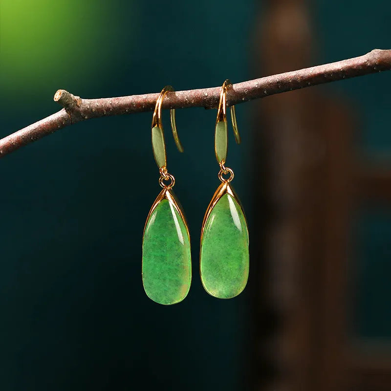 Chinese-style geometric earrings with copper construction and electroplated jade finish