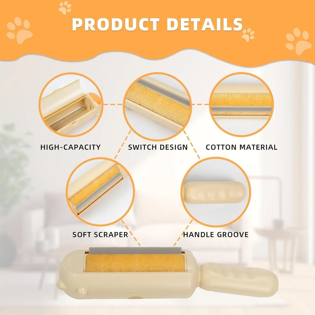 Blue reusable pet hair removal roller with a self-cleaning base on a fabric sofa.