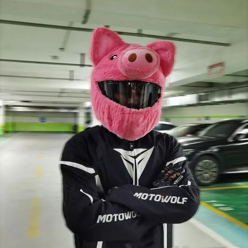Pink pig cartoon plush protective hood for motorcycle helmets made from PV velvet cloth