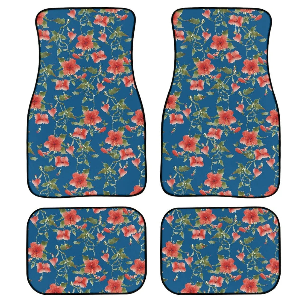 Four-piece set of thick black rubber car floor mats with anti-slip backing for universal vehicle fit.