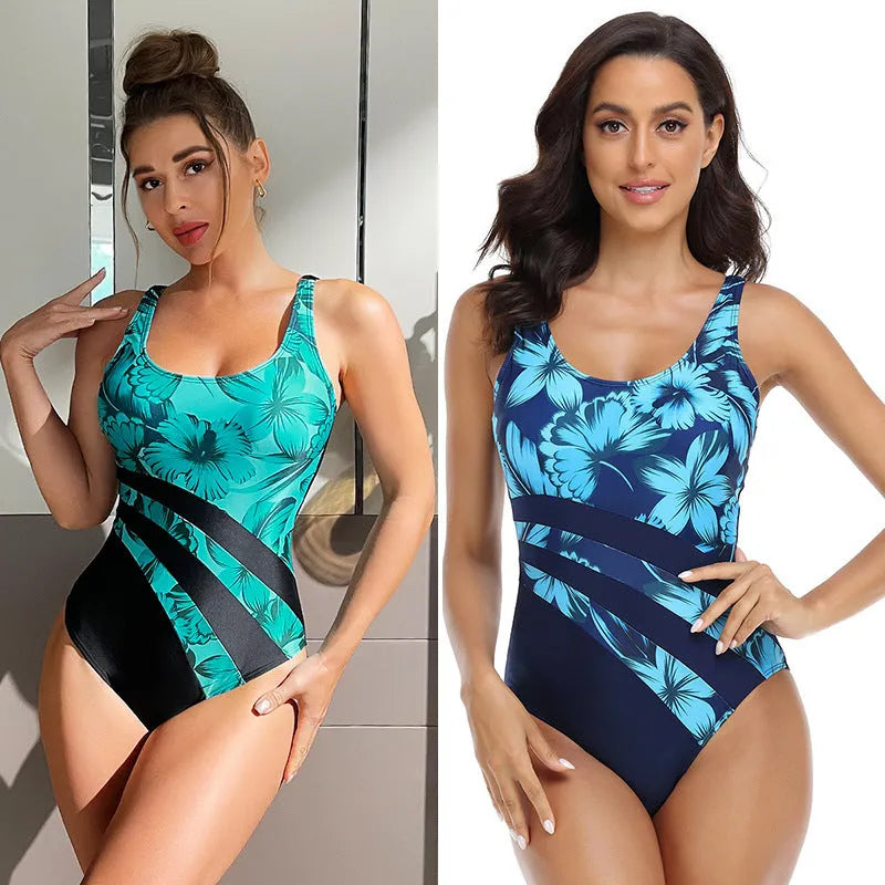 Women's blue conservative briefs style one-piece swimsuit on a hanger.