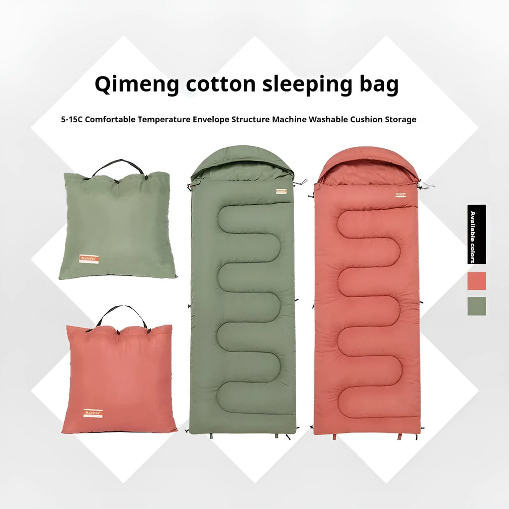 Portable cotton camping sleeping bag in ochre and olive green colours for basic outdoor warmth