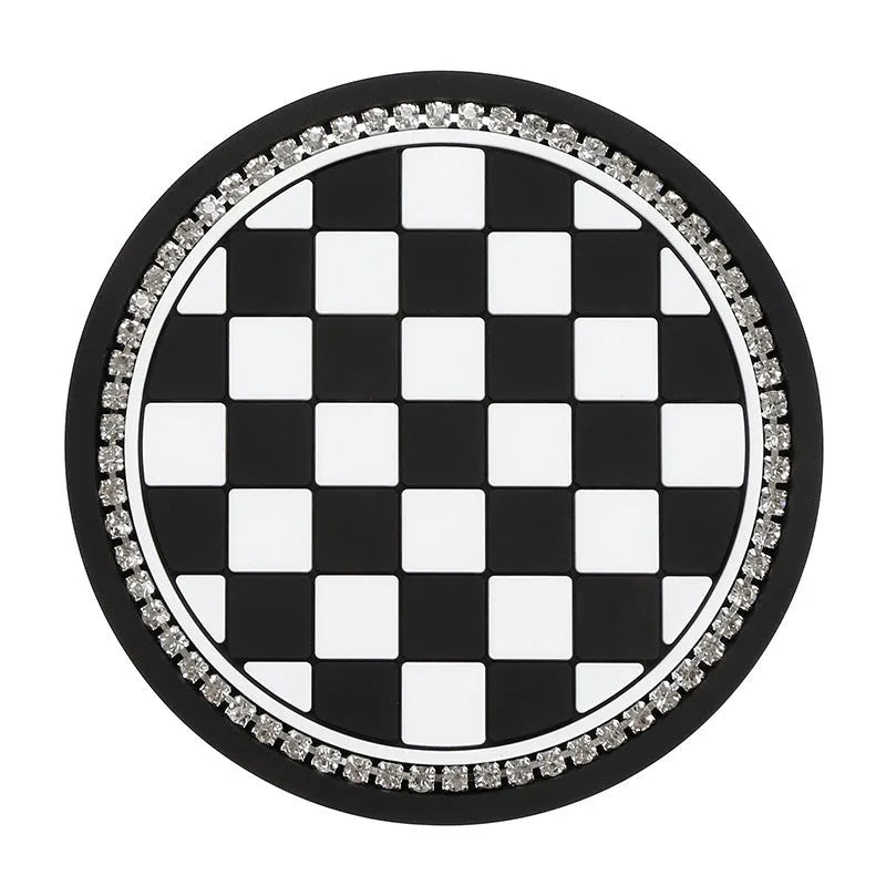 PVC car cup holder mat in black and white checkerboard pattern for vehicle drink holder slots