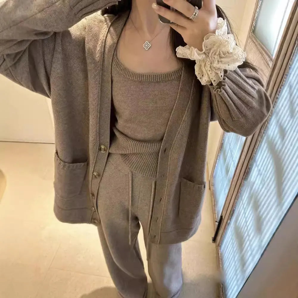Women's knit cardigan suspender pants three-piece set in loose Japanese Korean casual style