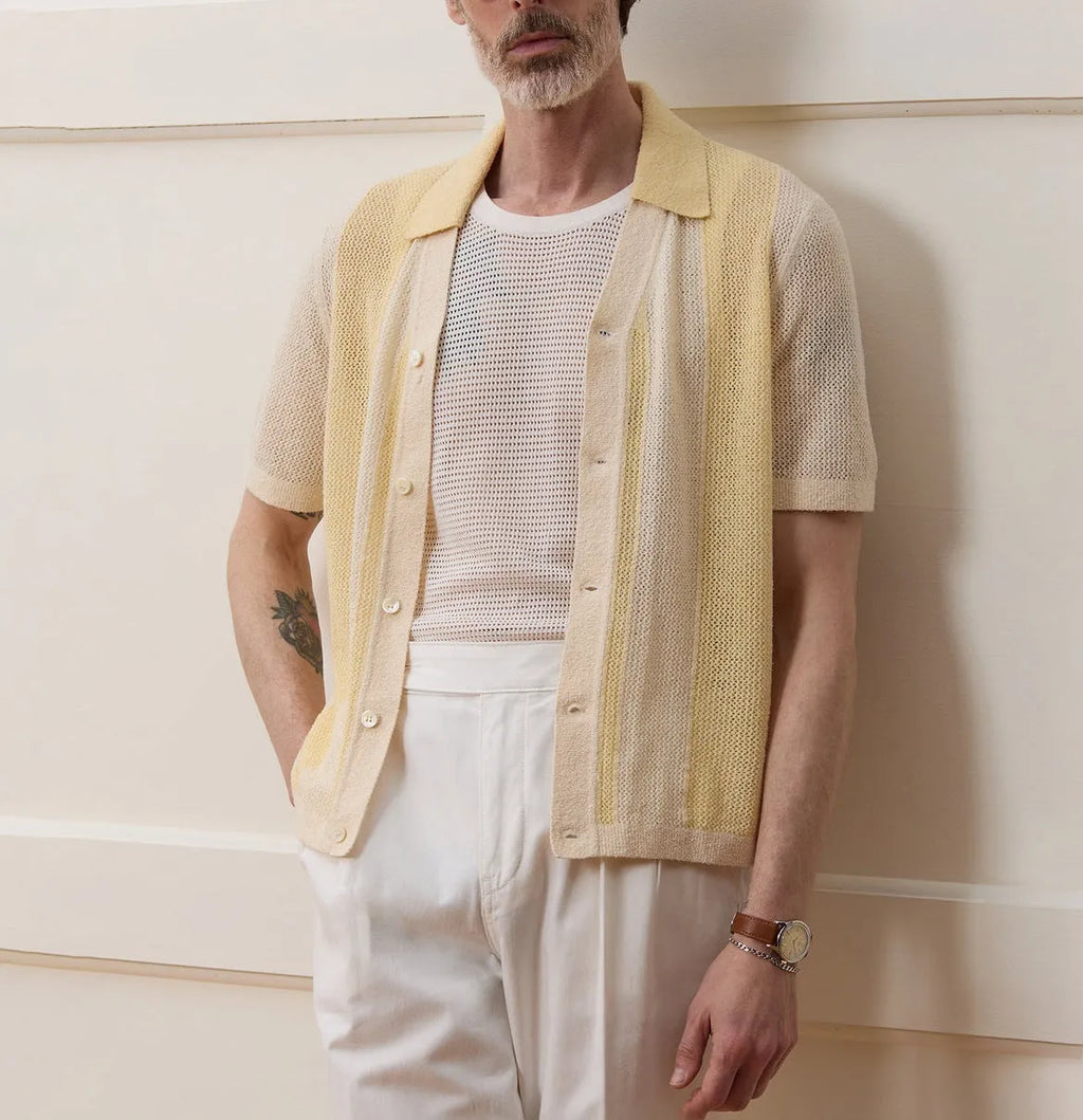 Yellow asymmetrical Tencel polo shirt with hollow-out detailing and short sleeves