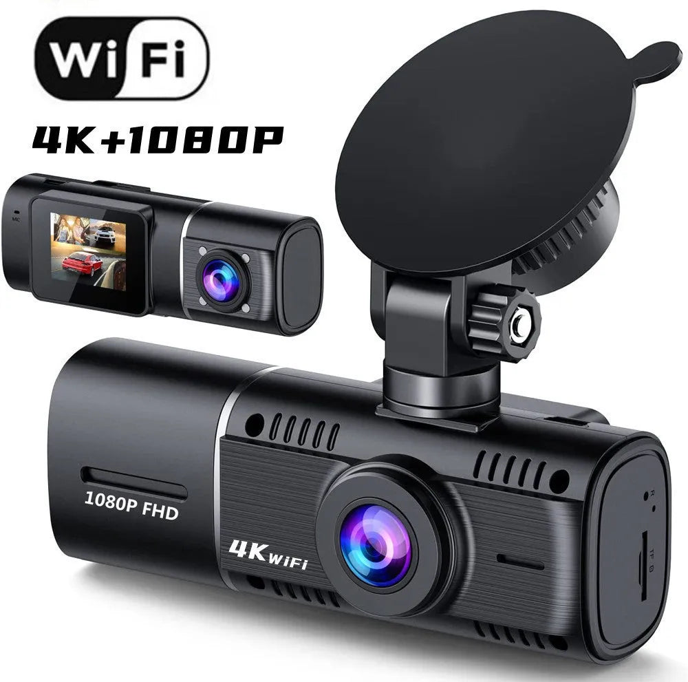 Black car dashcam with 1.5-inch screen showing dual camera recording display for front and rear vehicle monitoring
