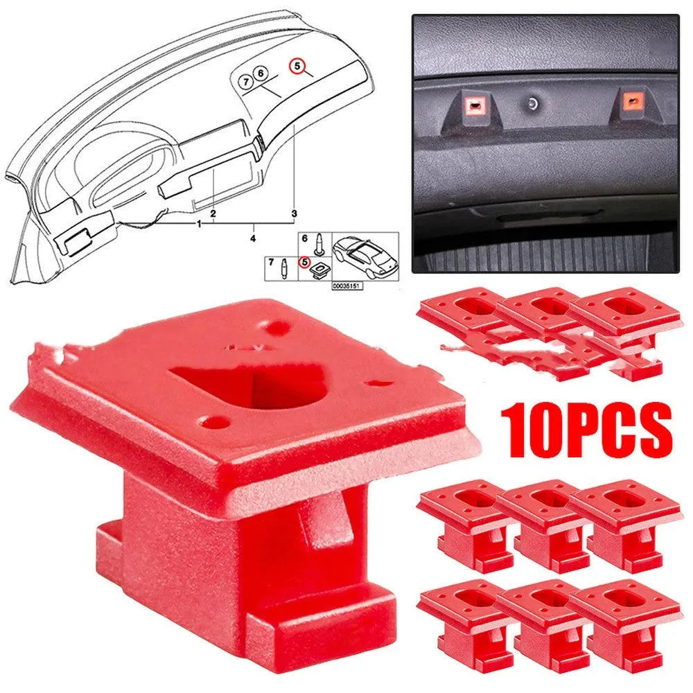 Pack of 10 black plastic snap buckle clips for BMW walnut interior door trim panel repair.