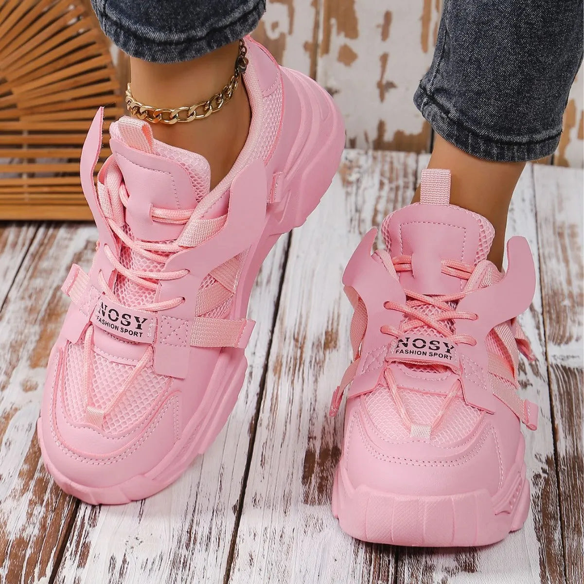 Women's platform mesh sneakers in multiple colours with animal pattern and lace-up front