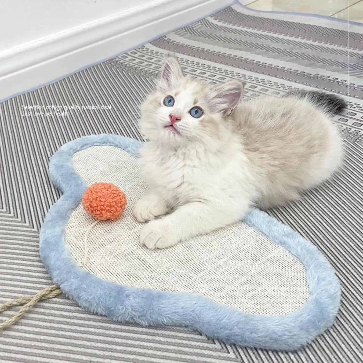 White natural sisal cat scratching mat with cartoon sleeping cat design