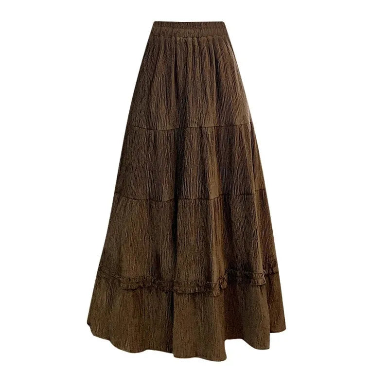 Corduroy A-line midi skirt with elastic waistband in milk white, black or brown colours