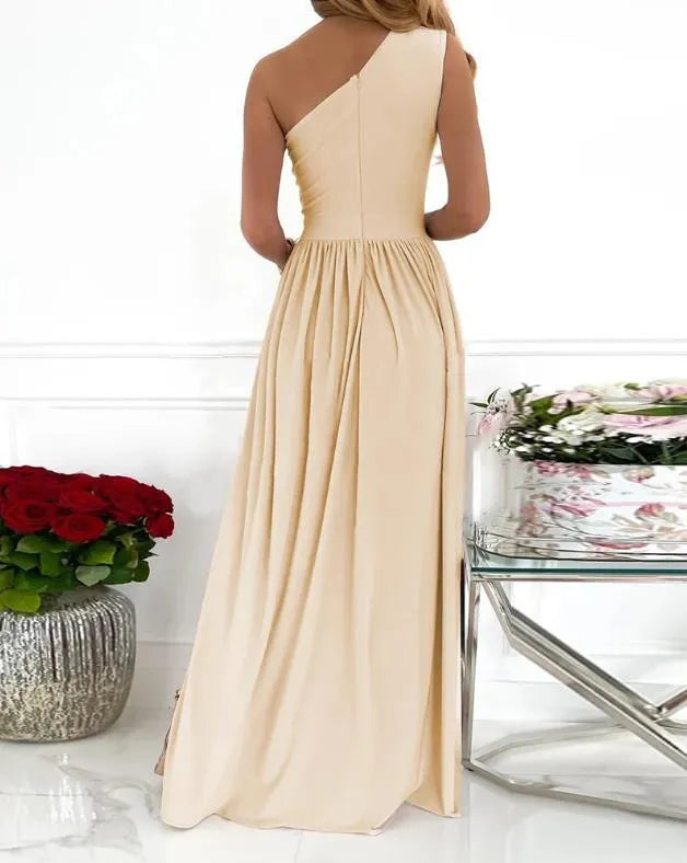 Women's apricot one shoulder maxi dress with high split and sleeveless cutout design.