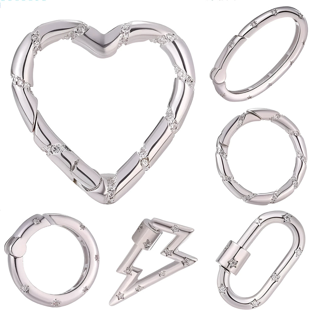 Copper mountain climbing heart-shaped button with a small zircon stone, shown in spring fastener and screw buckle styles.