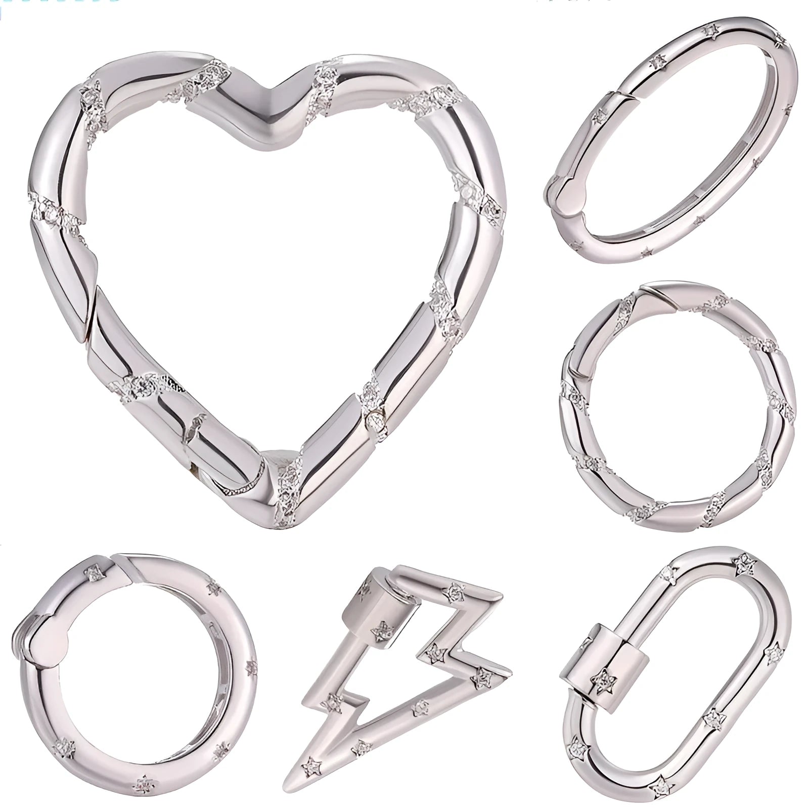 Copper mountain climbing heart-shaped button with a small zircon stone, shown in spring fastener and screw buckle styles.