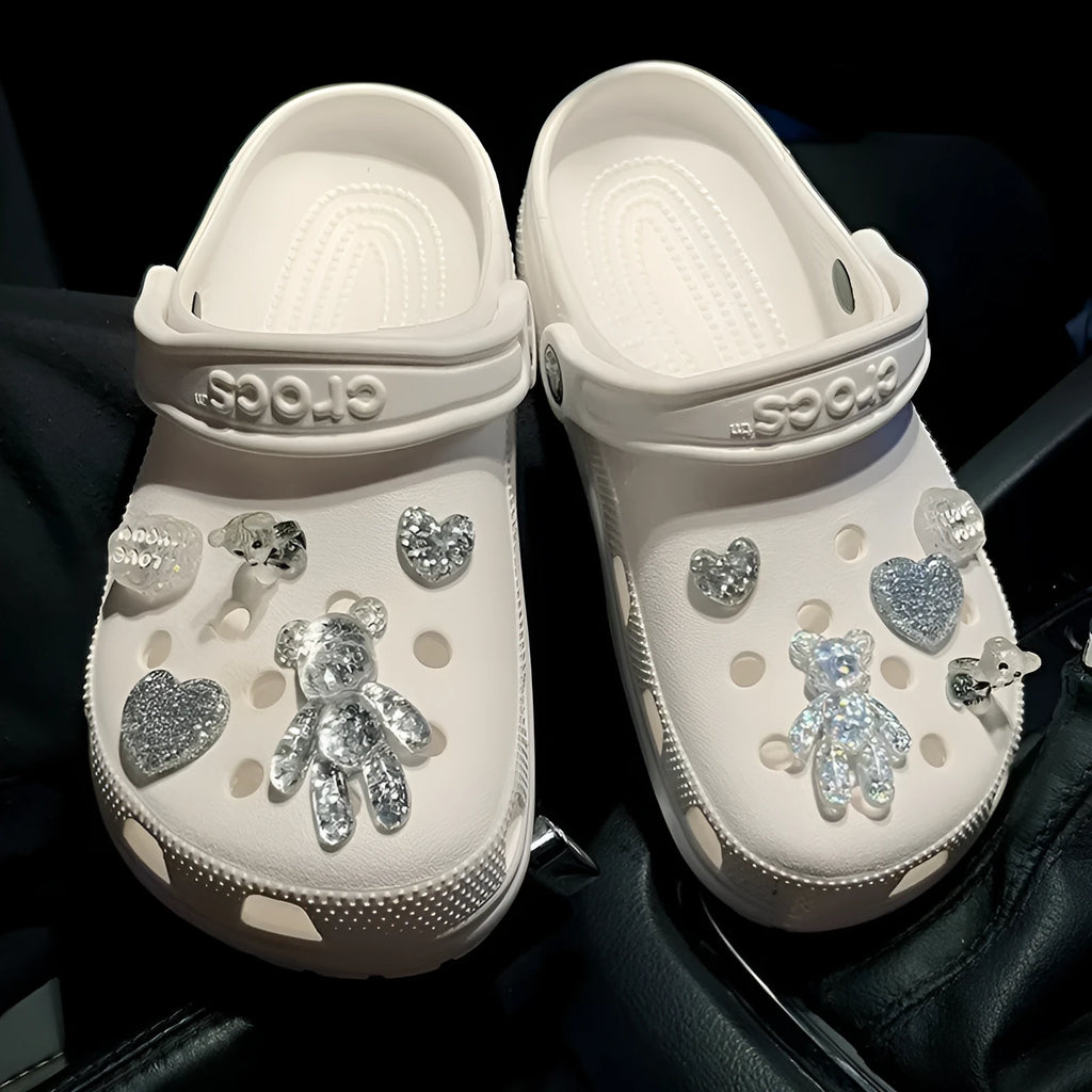 Crystal bear shoe buckle set on sneakers with resin plush material 1.2cm diameter