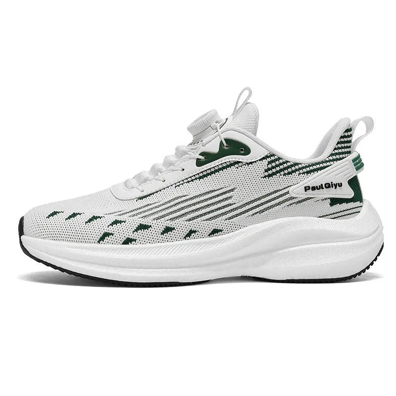 Men's white green and black Fly-kit mesh running shoes with rotating buckle lace system