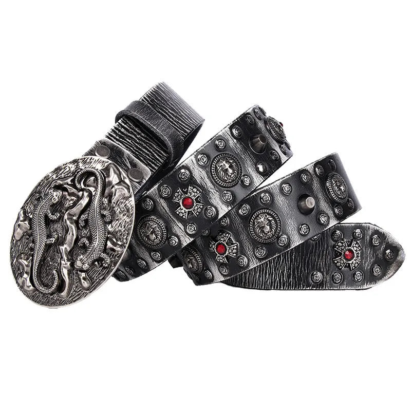 Personality Punk Rivet men's genuine leather belt with alloy buckle in a retro colour