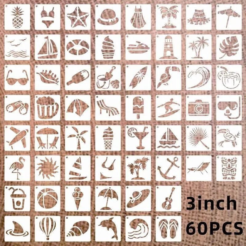 700-piece milky white PET film spray painting stencil set with seven design categories including animals, Hawaiian patterns, and letters