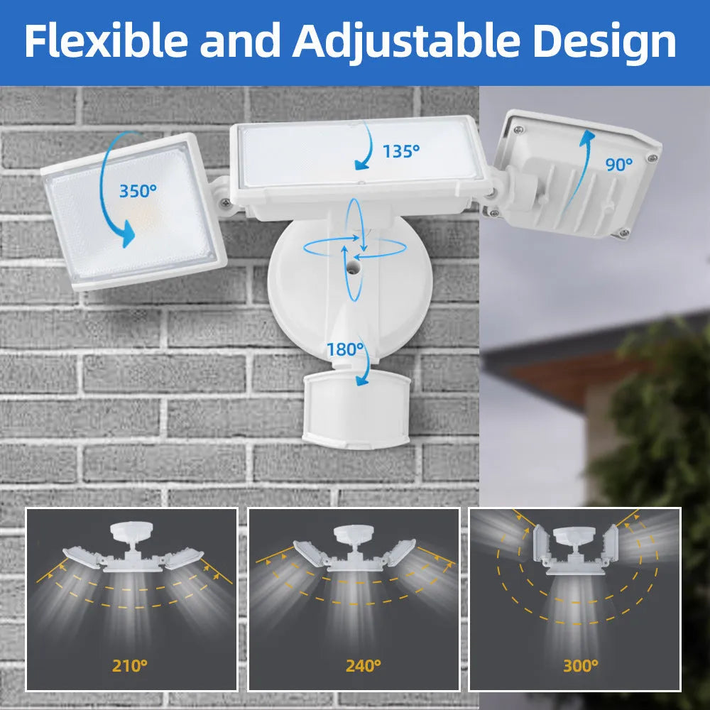 White LED security flood light with motion sensor for wall mounting, showing wide-angle detection.