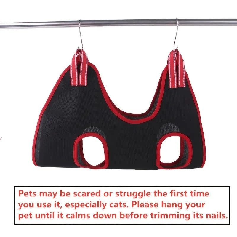 Pet grooming hammock restraint bag hanging for nail trimming and bathing procedures