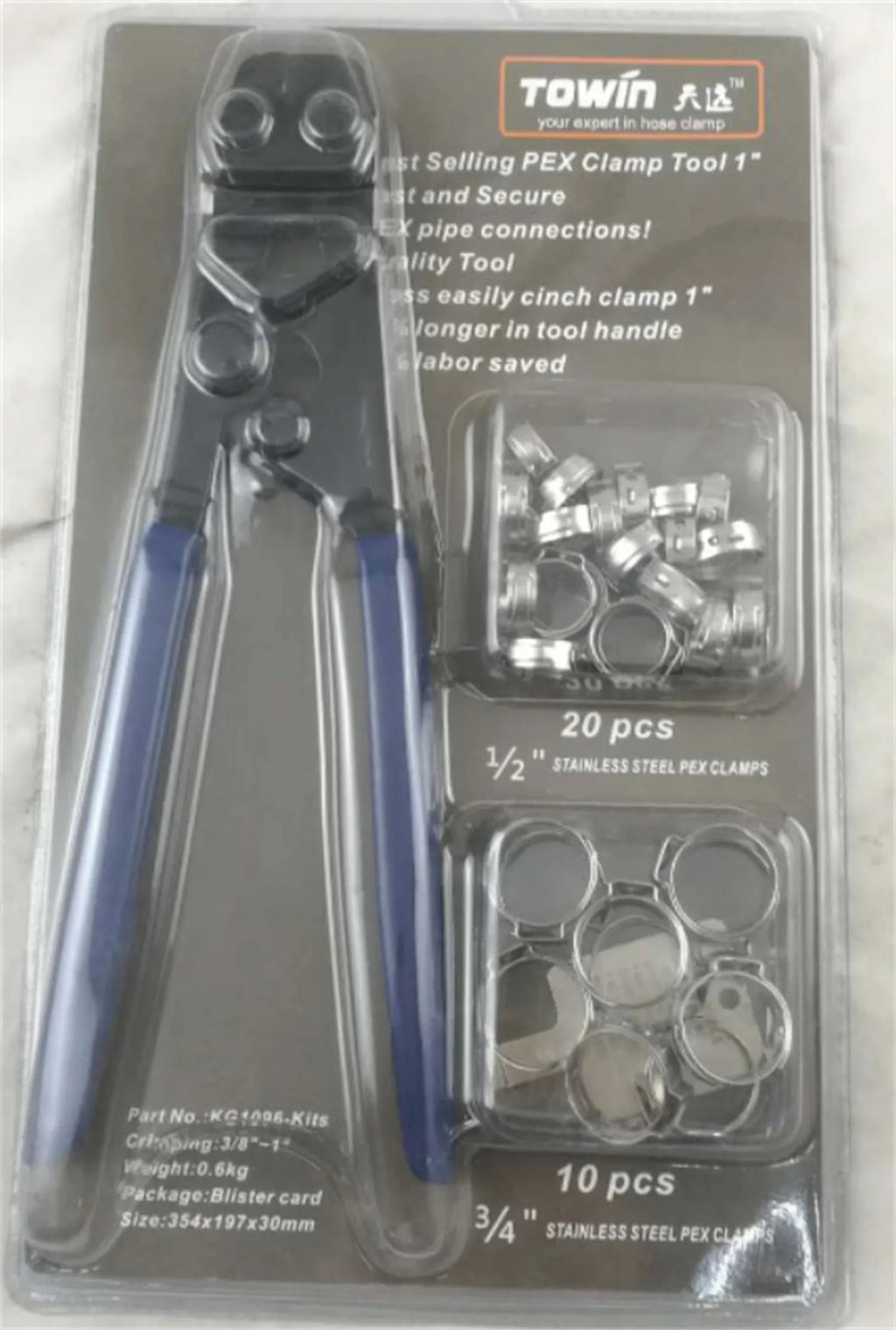 Red cloth finished single ear PEX clamp set with metal construction and carbon steel cutting edge