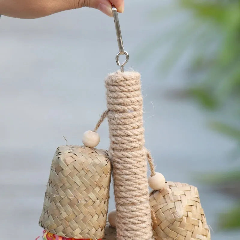 Wood and sisal shredded paper bird toy measuring 15 by 35 cm for parrot foraging enrichment