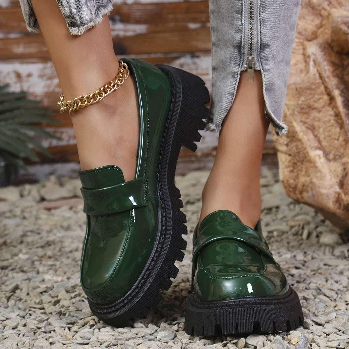 Plus size women's chunky heel loafers in black, wine red and green colours
